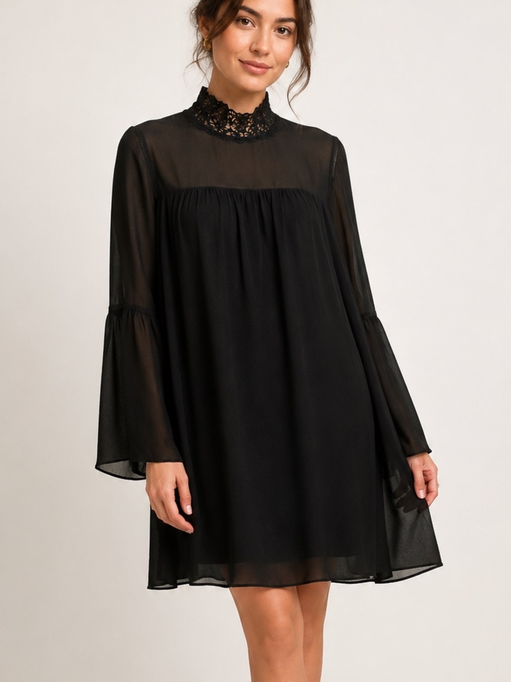 Nanette Lepore Chiffon Lace Bell Sleeve Black Dress Size 14